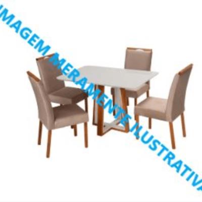 Mesa em madeira, 04 cadeiras estofadas em bege.